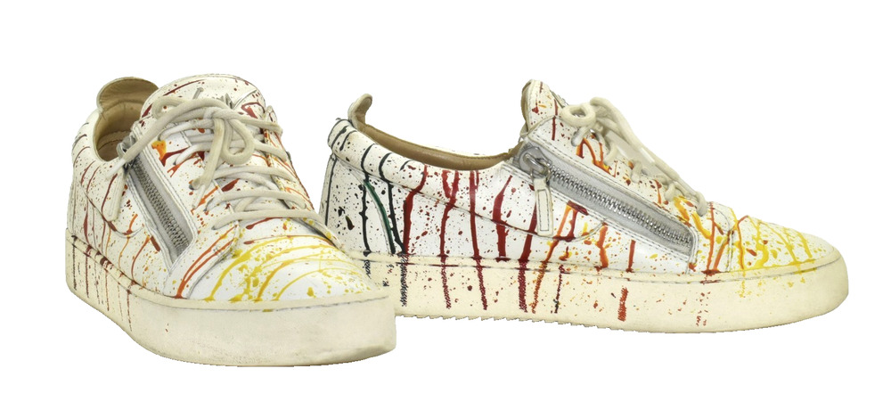 C0 Auth GIUSEPPE ZANOTTI Bianco Leather Rainbow Paint Splattered Sneakers Sz 43